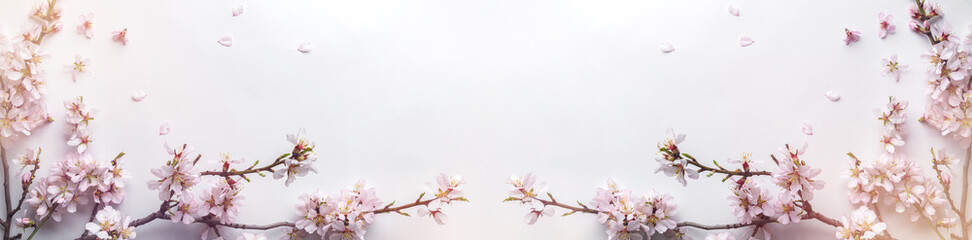 Flowering Spring, sakura blossoming branches on white background with bokeh, light. Happy Easter...