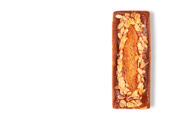 Banana cake with almond on top isolated on white background.