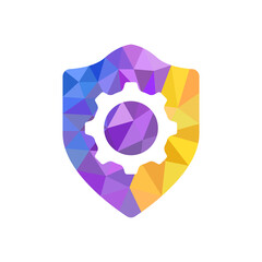 Shield icon. Shield with gears vector icon. Settings. Service center symbol. Protection icon. Shield with a cogwheel. Guard icon. Options sign. Breakage protection concept. Vector illustration.