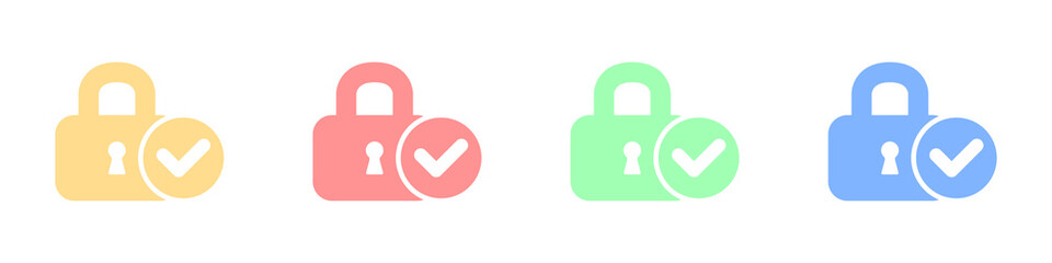Lock with check mark icons set. Vector set of icons of verified locks. A set of colored locks verified protection. Set of web protection symbols in flat style. Vector illustration.
