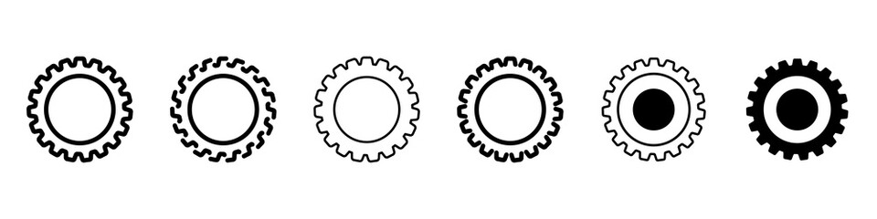Gears vector set. Cogwheel icons set. Gears in a flat style set. Set of trendy black gears icons isolated on white background. A symbol of a part of a mechanism or machine. Vector illustration.