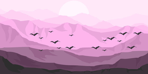 pink landscape mountain with bird silhouette good for web banner, blog banner, page background, wallpaper background, tourism banner, adventure background, and social media template background