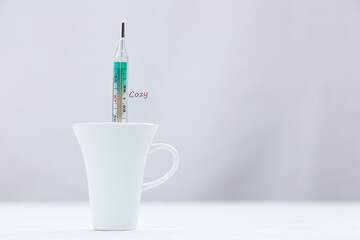 Thermometer in a white ceramic cup with inscription Cosy