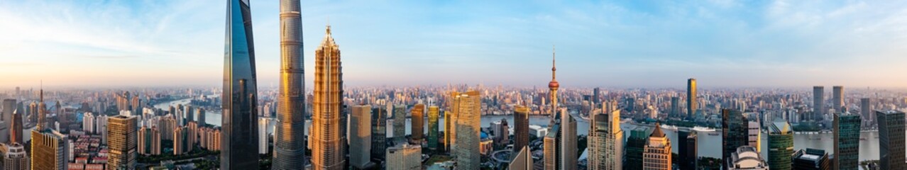 Fototapeta na wymiar Aerial view of modern city skyline and buildings at sunrise in Shanghai.