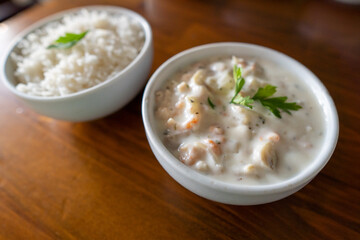 food bowls: rice, seafood, shrimp, beans, chips - side dishes
