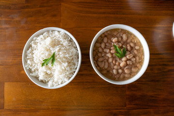 food bowls: rice, seafood, shrimp, beans, chips - side dishes