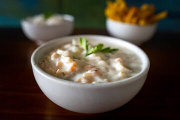 food bowls: rice, seafood, shrimp, beans, chips - side dishes