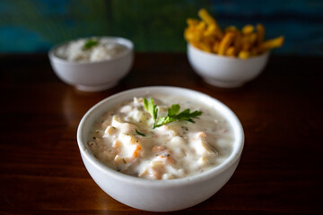 food bowls: rice, seafood, shrimp, beans, chips - side dishes