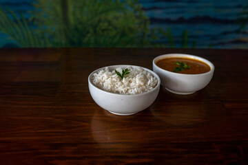 food bowls: rice, seafood, shrimp, beans, chips - side dishes