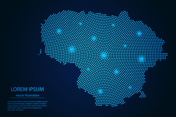Abstract image Lithuania map from point blue and glowing stars on a dark background. vector illustration.