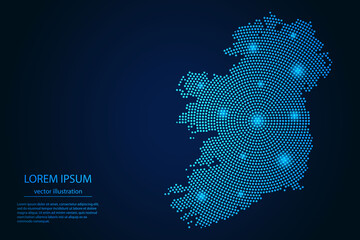 Abstract image Ireland map from point blue and glowing stars on a dark background. vector illustration. - obrazy, fototapety, plakaty