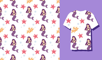 Seamless Patterns Underwater Mermaid Vector Illustration Cute Sea Animals Cartoon Characters Along with Fish, Turtle, Octopus, Seahorse, Crab