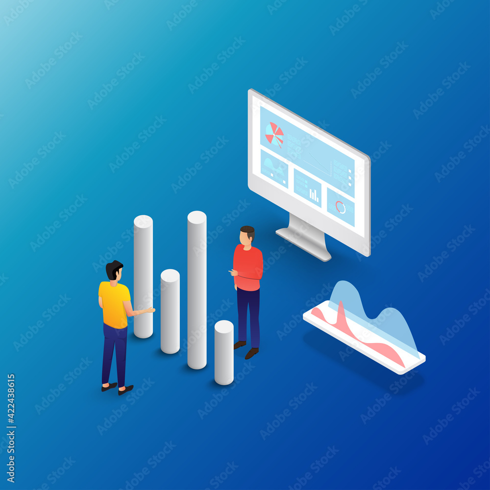 Poster people interacting with charts and analysing statistics. data visualisation concept. 3d isometric ve