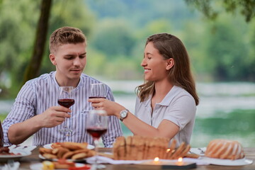 couple toasting red wine glass while having picnic french dinner party outdoor