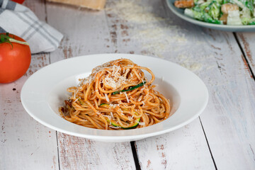 Classic spaghetti in a tomato sauce with some zucchini noodles