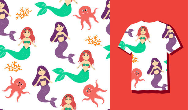 Seamless Patterns Underwater Mermaid Vector Illustration Cute Sea Animals Cartoon Characters Along with Fish, Turtle, Octopus, Seahorse, Crab