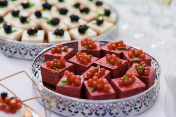 Close up view of  portion mousses desserts decorated with red currant.