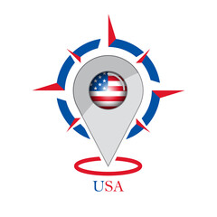 Map pointer or marker with compass and American flag icon. Travel USA logo.  Vector illustration.
