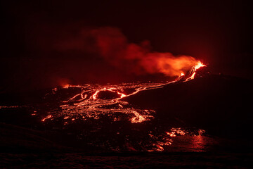 Fagradalsfjall volcanic eruption at night in Reykjanes peninsula around 40 kilometres from...