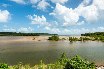 Obraz premium .Goyoshi River flowing into the sea at low tide, some mangrove trees on the sand banks illuminated by a soft light. Iriomote Island.