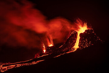 Fagradalsfjall volcanic eruption at night in Reykjanes peninsula around 40 kilometres from...