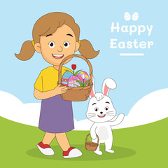 Cartoon Girl picking easter eggs with Rabbit