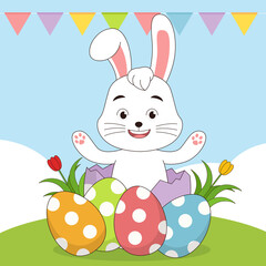 Happy Easter greeting card with cute little bunny and lettering design