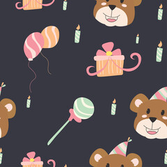 Children's seamless pattern with cute bear party hat animal cartoon illustration. Perfect for background, scrap book, and invitation card