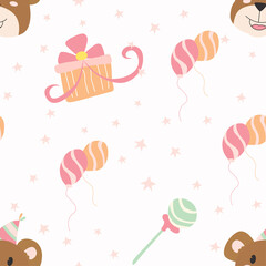 Children's seamless pattern with cute bear party hat animal cartoon illustration. Perfect for background, scrap book, and invitation card