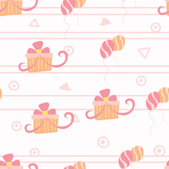 Cute party present seamless pattern with gift boxes and balloon. Pattern for fabric and surface texture design