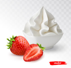 White bowl of whipped cream with whole strawberry and half strawberry. 3d realistic vector illustration of whipped cream with strawberries.