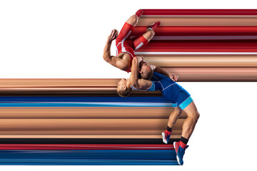 Illustration of reception in Greco-Roman wrestling. Back bend throw with dynamic stripes on white...
