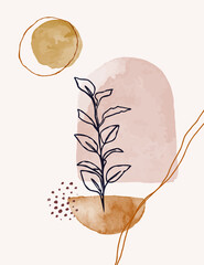 Watercolor Art Background In A Trendy Minimalist Style. Vector Hand Drawn Illustration from Abstract Shapes and Leaves