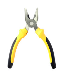 Close up new metal pliers, yellow and black rubber grip. Used for bending, cutting, clamping in electrical work. Repair or build. Isolated on white background. with clipping path.