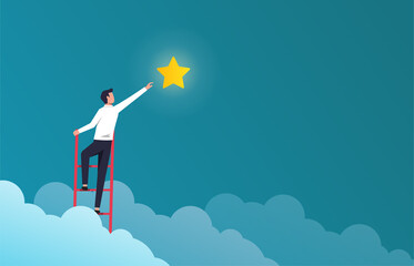 Successful businessman on ladder to reach star vector illustration. Success in Business and career symbol. © Diki
