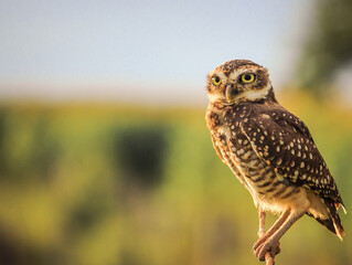 coruja buraqueira - burrowing owl posed on branch at dusk