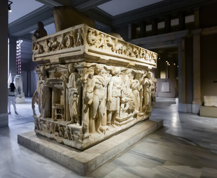 ISTANBUL, TURKEY - JANUARY 01, 2021: Ancient Sidamar sarcophagus from Konya with relief sculptures on lid and sides considered miracle of art, exhibited in Istanbul Archaeological Museum..