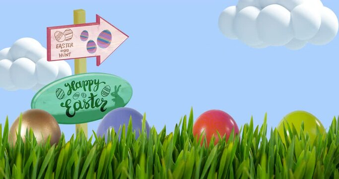 Animation of happy easter and egg hunt on signs and easter eggs in grass over blue sky