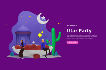 3d render Iftar Eating After Fasting party concept. Moslem family dinner on Ramadan Kareem or celebrating Eid with people character. web landing page template, presentation, social or print media