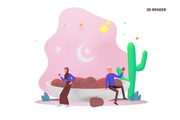 3d render Iftar Eating After Fasting party concept. Moslem family dinner on Ramadan Kareem or celebrating Eid with people character. web landing page template, presentation, social or print media