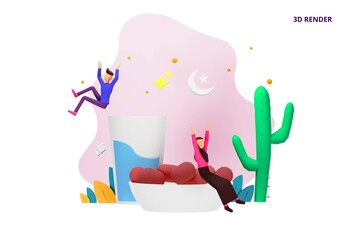3d render Iftar Eating After Fasting party concept. Moslem family dinner on Ramadan Kareem or celebrating Eid with people character. web landing page template, presentation, social or print media