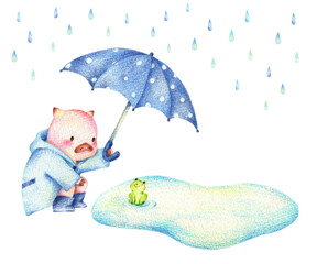 雨の中カエルに傘をさすぶた　手描き色鉛筆