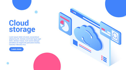 Cloud storage concept. Landing page or web banner template. 3d illustration of web page with cloud, personal data, statistics. Modern isometric style. Isolated on white background.