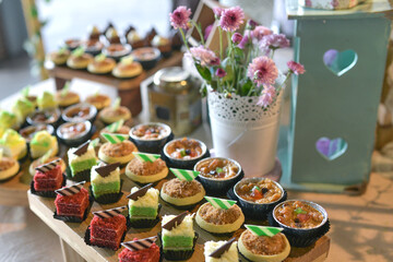 Catering services background with various snacks or finger food on the table at wedding party