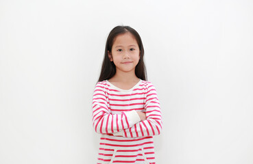 Asian little kid girl crossed arms with smiling on white background