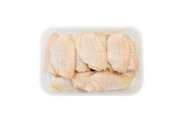 Raw chicken wings in plastic tray packaging isolated on white background