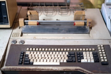 Vintage 50s Bank Office with Retro Calculation Equipment and banking Money Machine.