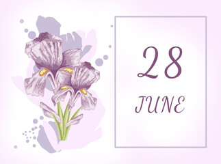 june 28. 28th day of the month, calendar date.Two beautiful iris flowers, against a background of blurred spots, pastel colors. Gentle illustration.Summer month, day of the year concept