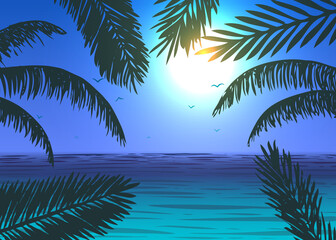 Vector palm trees leaves on ocean background