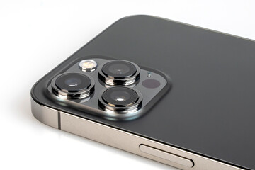 Closeup smartphone camera with Triple Lenses. with clipping paths. - obrazy, fototapety, plakaty